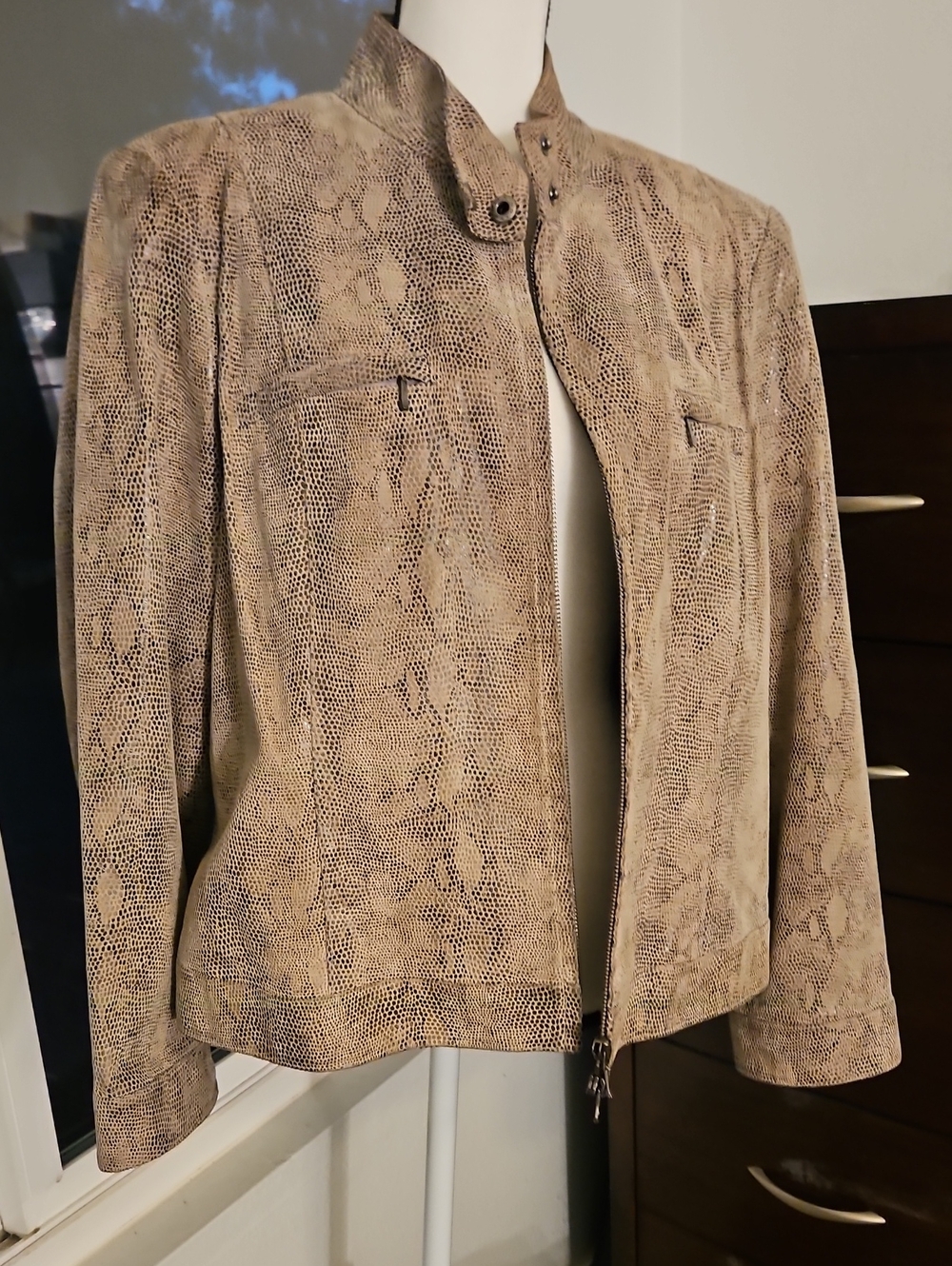 Alfani Taupe Snake-Print Leather Jacket